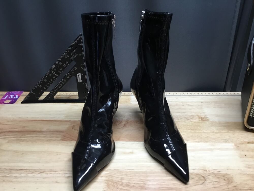 Schutz Luh Patent Leather Stretch Mid Calf Bootie Women's 5.5 Black Stiletto